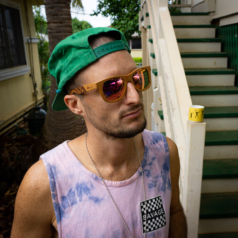 Sunset Classic Wood Sunglasses with Pink Mirror Polarized Lens