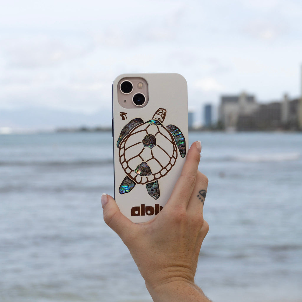 Honu Aloha Wood Phone Case with Abalone Shells