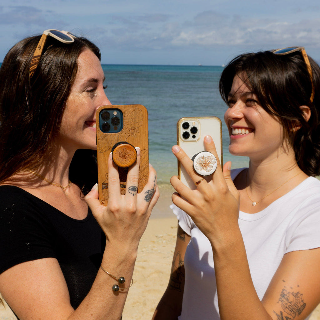 Hibiscus Rounded Wood Phone Grip