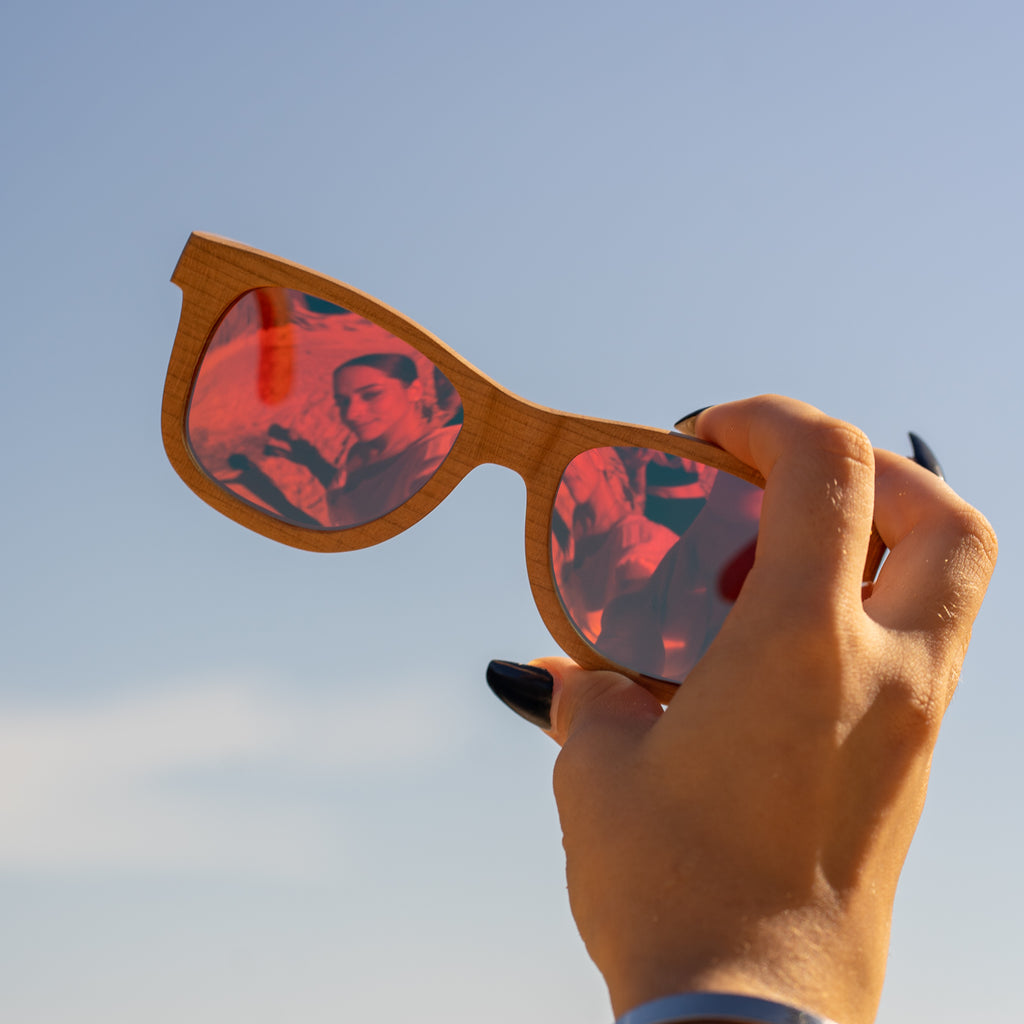 Sunset Classic Wood Sunglasses with Red Mirror Polarized Lens