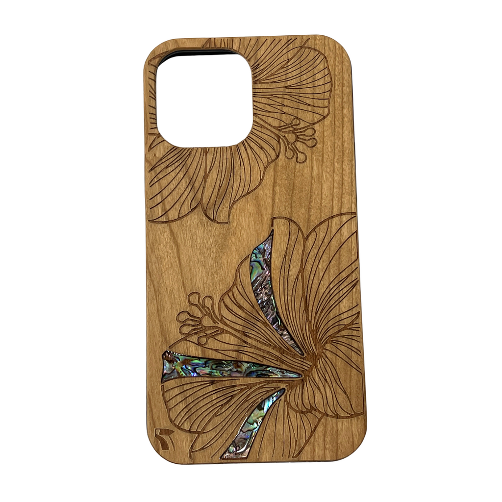 Hibiscus Wood Phone Case with Abalone Shells