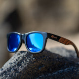 black wood UV sunglasses with blue mirror polarized lens