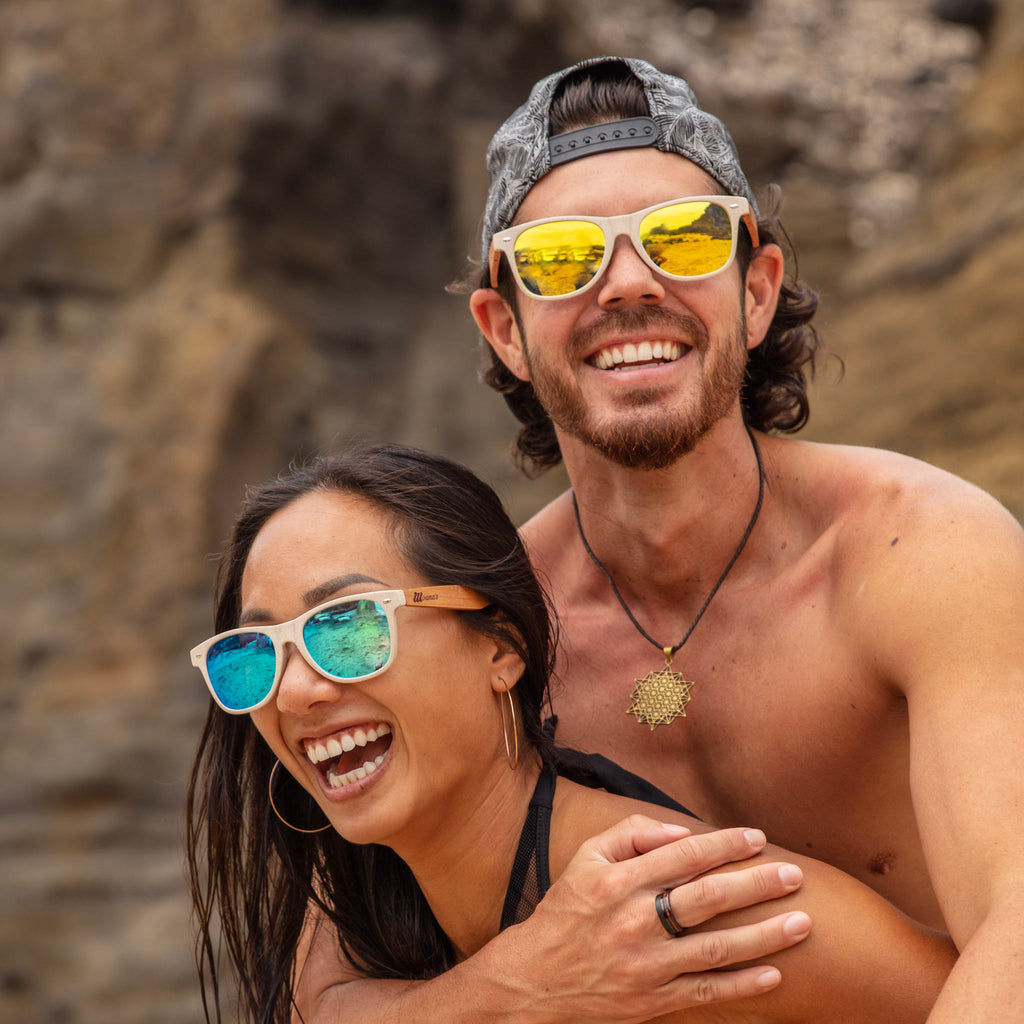 unisex eco friendly sunglasses with mirrored lenses for the beach and outdoors