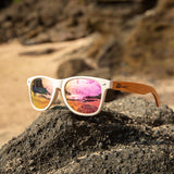 eco friendly wayfarer sunglasses made from wheat straw with pink mirror lens